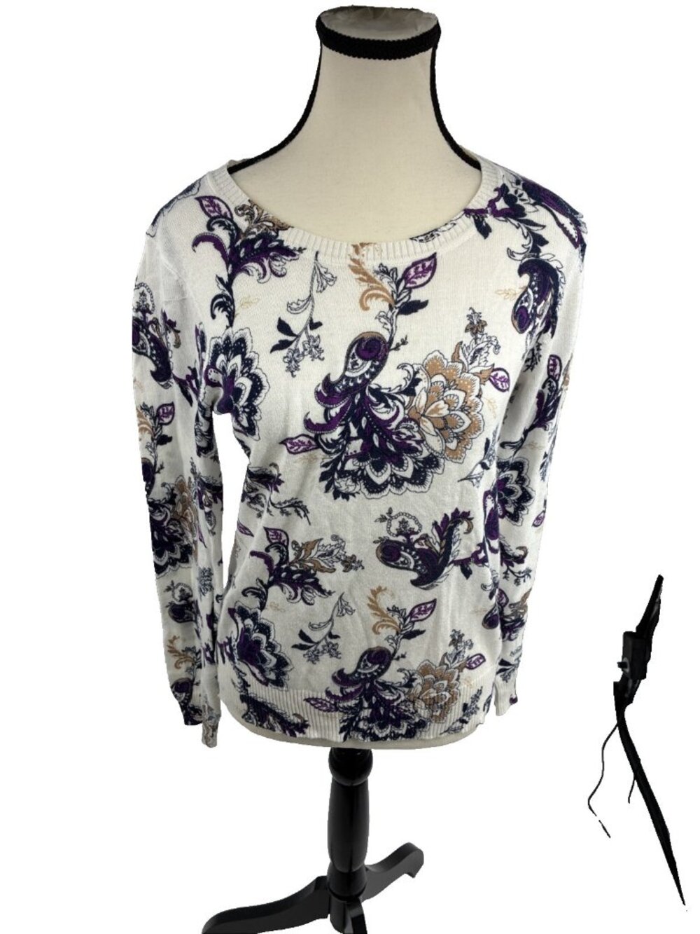 Liz Claiborne Womens Sweater Small Floral Paisley Cream Purple Knit Lightweight
